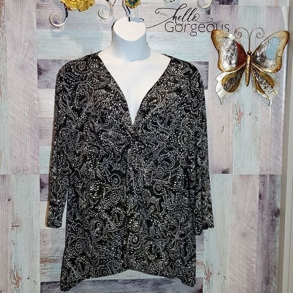 JBS Sz 5X Black Silver Paisley Sparkly Knotted Bust Dressy Blouse Plus Size - Picture 1 of 8